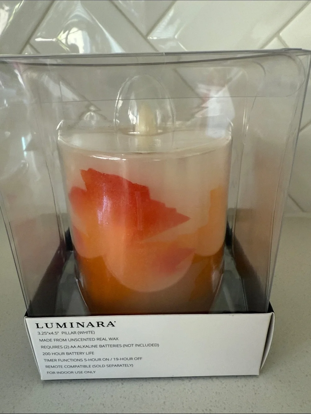 Luminara Fall Leaf Print Flameless Candle 3.25x4.5 NIB
